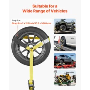 wheel chock tie down kit, tire style tow dolly strap, car tie down kit with heavy duty hook, break strength 10009 lbs & working load 3333 lbs motorcycle tie down system for atv, suv, snowmobiles