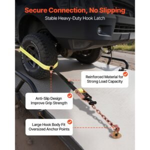 wheel chock tie down kit, tire style tow dolly strap, car tie down kit with heavy duty hook, break strength 10009 lbs & working load 3333 lbs motorcycle tie down system for atv, suv, snowmobiles