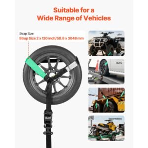 wheel chock tie down kit, tire style tow dolly strap, car tie down kit with heavy duty hook, break strength 10009 lbs & working load 3333 lbs motorcycle tie down system for atv, suv, trailer