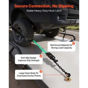 wheel chock tie down kit, tire style tow dolly strap, car tie down kit with heavy duty hook, break strength 10009 lbs & working load 3333 lbs motorcycle tie down system for atv, suv, trailer
