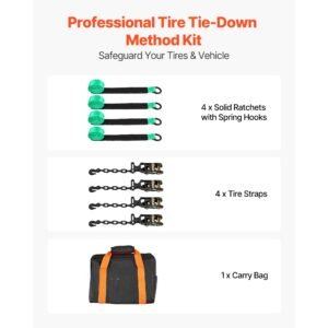 wheel chock tie down kit, tire style tow dolly strap, car tie down kit with heavy duty hook, break strength 10009 lbs & working load 3333 lbs motorcycle tie down system with o ring for atv, suv