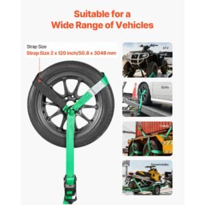 wheel chock tie down kit, tire style tow dolly strap, car tie down kit with heavy duty hook, break strength 10009 lbs & working load 3333 lbs motorcycle tie down system with o ring for atv, suv