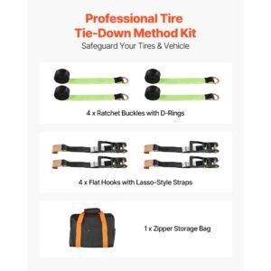 wheel chock tie down kit, tire style trailer tie down strap, car tie down kit with flat hook, break strength 10009 lbs & working load 3333 lbs motorcycle tie down system for atvs, suvs, trailers