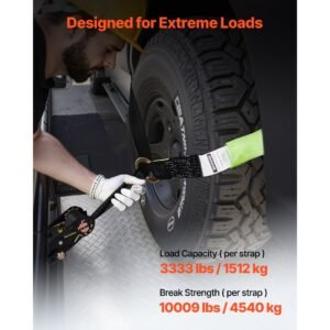 wheel chock tie down kit, tire style trailer tie down strap, car tie down kit with flat hook, break strength 10009 lbs & working load 3333 lbs motorcycle tie down system for atvs, suvs, trailers
