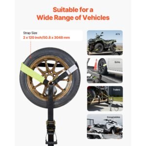 wheel chock tie down kit, tire style trailer tie down strap, car tie down kit with flat hook, break strength 10009 lbs & working load 3333 lbs motorcycle tie down system for atvs, suvs, trailers
