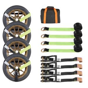 Wheel Chock Tie-Down Kit, Tire-Style Trailer Tie Down Strap, Car Tie Down Kit with Flat Hook, Break Strength 10009 lbs & Working Load 3333 lbs Motorcycle Tie-Down System for ATVs, SUVs, Trailers