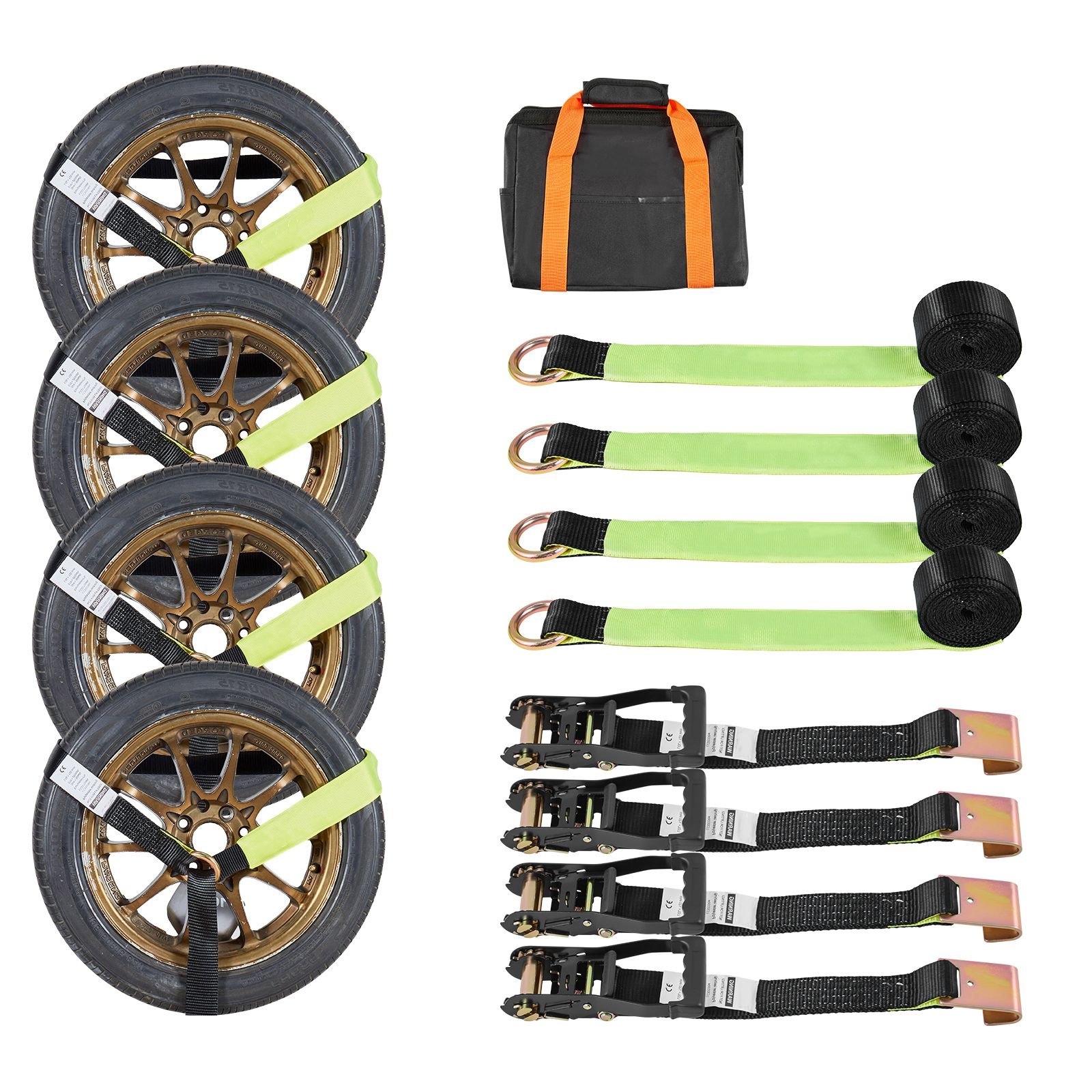 wheel chock tie down kit, tire style trailer tie down strap, car tie down kit with flat hook, break strength 10009 lbs & working load 3333 lbs motorcycle tie down system for atvs, suvs, trailers