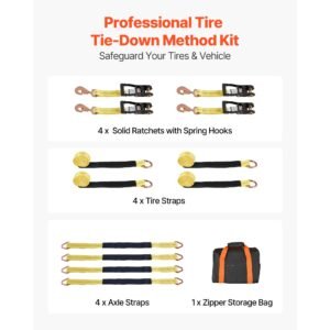 wheel chock tie down kit, tire style trailer tie down strap, car tie down kit with spring hook, break strength 10009 lbs & working load 3333 lbs motorcycle tie down system for atv, suv, trailer