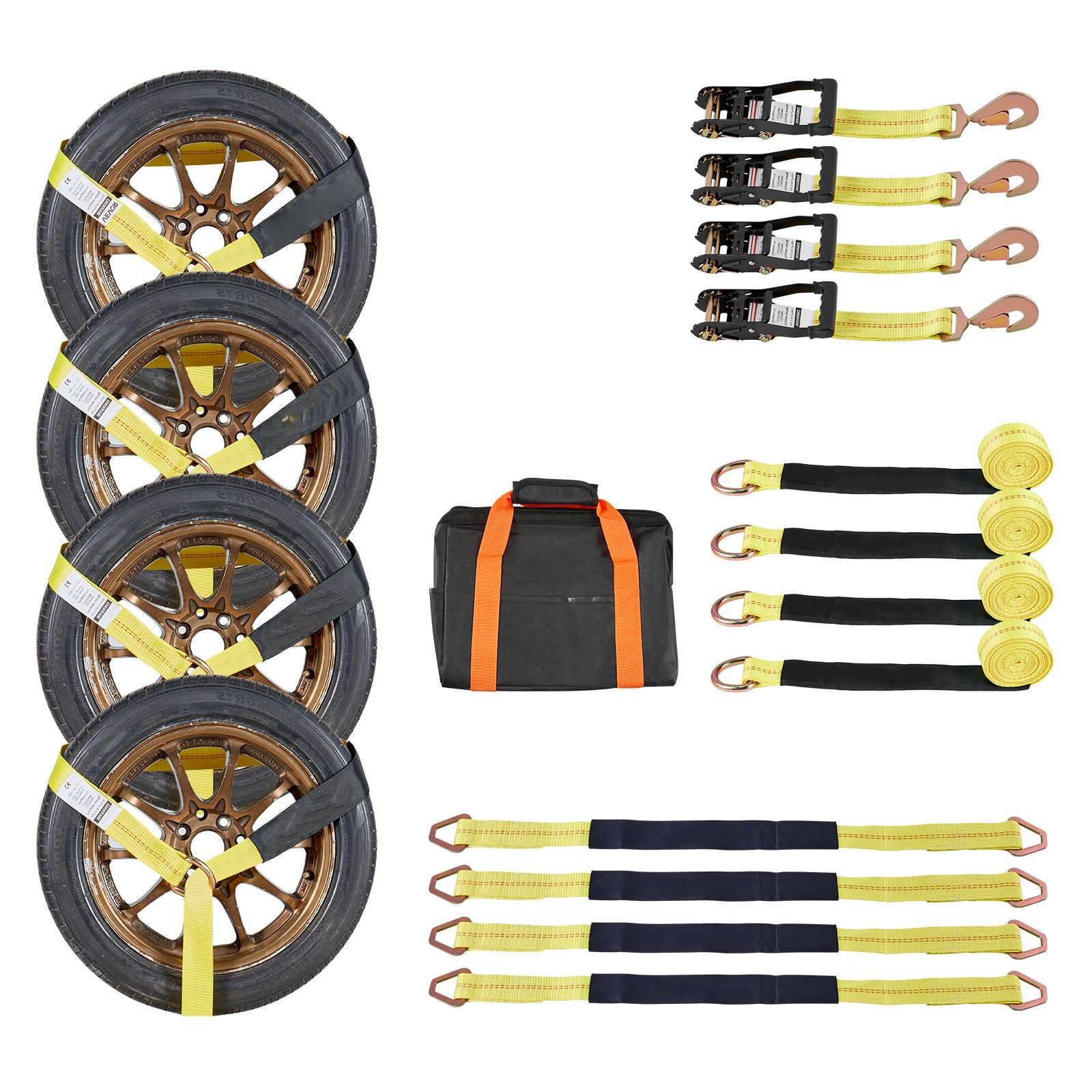 wheel chock tie down kit, tire style trailer tie down strap, car tie down kit with spring hook, break strength 10009 lbs & working load 3333 lbs motorcycle tie down system for atv, suv, trailer