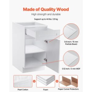 white shaker base cabinet with drawer, 18 inch unassembled drawer base cabinet, 18" w x 24" d x 34.5" h ready to assemble cabinet with soft close door and adjustable shelf, for home office