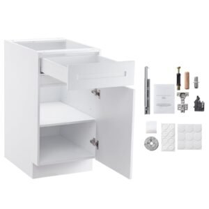 White Shaker Base Cabinet with Drawer, 18-Inch Unassembled Drawer Base Cabinet, 18" W x 24" D x 34.5" H Ready to Assemble Cabinet with Soft-Close Door and Adjustable Shelf, for Home Office