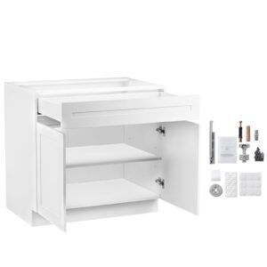 White Shaker Base Cabinet with Drawer, 30-Inch Unassembled Drawer Base Cabinet, 30" W x 24" D x 34.5" H Ready to Assemble Cabinet with Soft-Close Doors and Adjustable Shelf, for Home Office