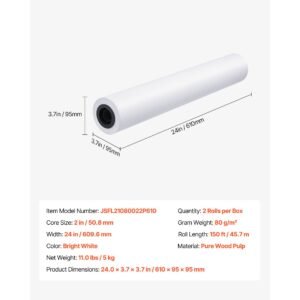 wide format paper, 24 in x 150 ft plotter roll, 2 rolls cad bond rolls with 2 in core, 20 lb bond paper rolls, ideal for cad drawings, engineering plans, gis maps, and architectural designs