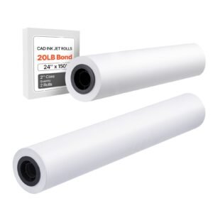 wide format paper, 24 in x 150 ft plotter roll, 2 rolls cad bond rolls with 2 in core, 20 lb bond paper rolls, ideal for cad drawings, engineering plans, gis maps, and architectural designs