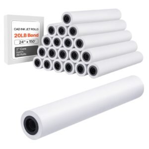 Wide Format Paper, 24 in x 150 ft Plotter Roll, 20 Rolls CAD Bond Rolls with 2 in Core, 20 LB Bond Paper Rolls, Ideal for CAD Drawings, Engineering Plans, GIS Maps, and Architectural Designs