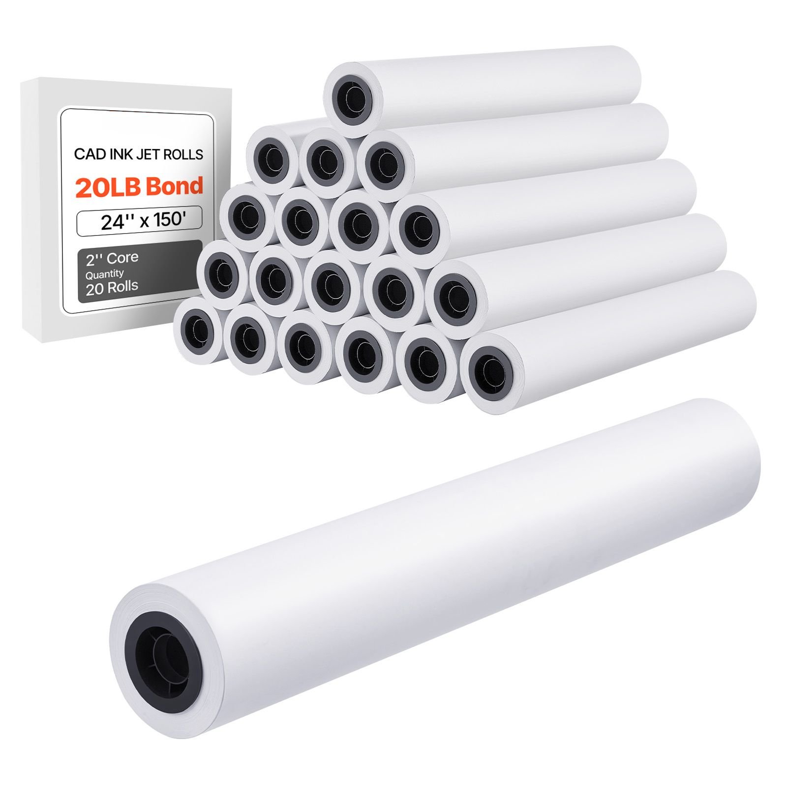 wide format paper, 24 in x 150 ft plotter roll, 20 rolls cad bond rolls with 2 in core, 20 lb bond paper rolls, ideal for cad drawings, engineering plans, gis maps, and architectural designs