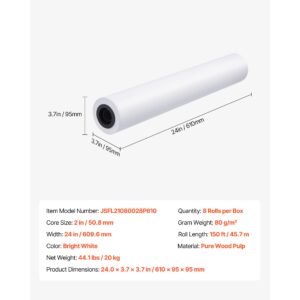 wide format paper, 24 in x 150 ft plotter roll, 8 rolls cad bond rolls with 2 in core, 20 lb bond paper rolls, ideal for cad drawings, engineering plans, gis maps, and architectural designs