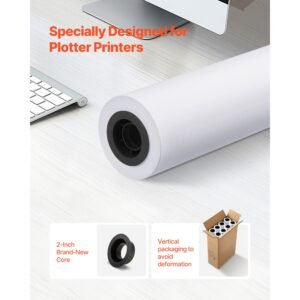 Wide Format Paper, 24 in x 150 ft Plotter Roll, 8 Rolls CAD Bond Rolls with 2 in Core, 20 LB Bond Paper Rolls, Ideal for CAD Drawings, Engineering Plans, GIS Maps, and Architectural Designs