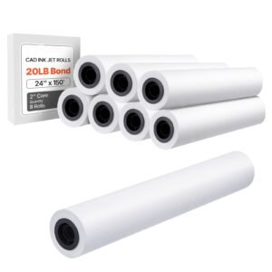 wide format paper, 24 in x 150 ft plotter roll, 8 rolls cad bond rolls with 2 in core, 20 lb bond paper rolls, ideal for cad drawings, engineering plans, gis maps, and architectural designs
