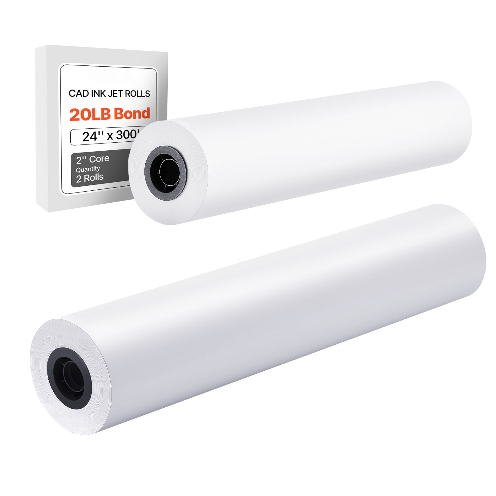 wide format paper, 24 in x 300 ft plotter roll, 2 rolls cad bond rolls with 2 in core, 20 lb bond paper rolls, ideal for cad drawings, engineering plans, gis maps, and architectural designs