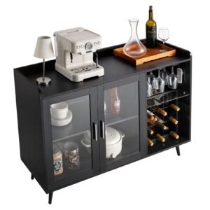 Wine Cabinet, Coffee Bar Cabinet with 9 Wine Bottle Racks, Modern Buffet Sideboard with Glass Holder, Adjustable LED Brightness, for Home Kitchen, Living Room, Dining Room, Black Wood Grain