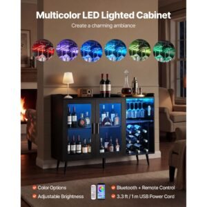 wine cabinet, coffee bar cabinet with 9 wine bottle racks, modern buffet sideboard with glass holder, adjustable led brightness, for home kitchen, living room, dining room, black wood grain