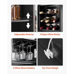 wine cabinet, coffee bar cabinet with 9 wine bottle racks, modern buffet sideboard with glass holder, adjustable led brightness, for home kitchen, living room, dining room, black wood grain