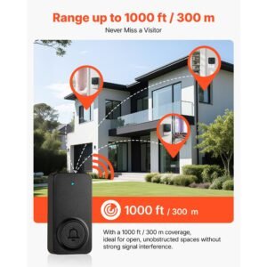 wireless doorbell kit, ip54 waterproof door chime ranges up to 1000 ft, 5 adjustable volumes, 48 ringtones, easy installation, wireless doorbell ideal for home, doorway, classroom, office, black