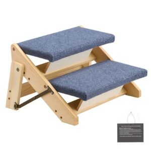 Wood Pet Stairs, 2-Step Dog Stairs for Beds, Sofa & Cars, 110lbs Load Capacity, Floded Flat Design, Stable & Sturdy Cat & Dog Step Ladder for Small Medium Large Older Pet Puppy Essentials