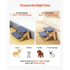 wood pet stairs, 2 step dog stairs for beds, sofa & cars, 110lbs load capacity, floded flat design, stable & sturdy cat & dog step ladder for small medium large older pet puppy essentials