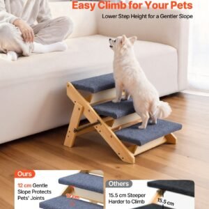 wood pet stairs, 3 step dog stairs for beds, sofa & cars, 150lbs load capacity, floded flat design, stable & sturdy cat & dog step ladder for small medium large older pet puppy essentials