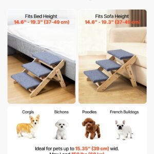 wood pet stairs, 3 step dog stairs for beds, sofa & cars, 150lbs load capacity, floded flat design, stable & sturdy cat & dog step ladder for small medium large older pet puppy essentials