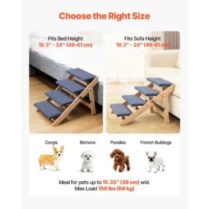 wood pet stairs, 4 step dog stairs for beds, sofa & cars, 150lbs load capacity, floded flat design, stable & sturdy cat & dog step ladder for small medium large older pet puppy essentials