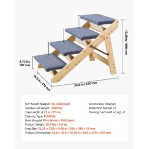 wood pet stairs, 4 step dog stairs for beds, sofa & cars, 150lbs load capacity, floded flat design, stable & sturdy cat & dog step ladder for small medium large older pet puppy essentials