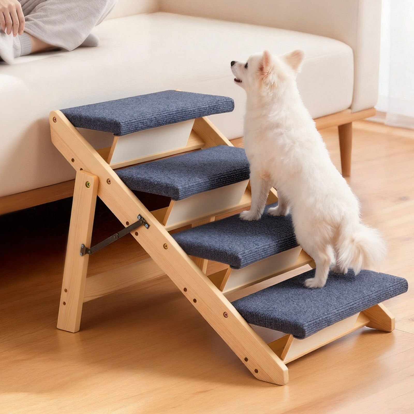wood pet stairs, 4 step dog stairs for beds, sofa & cars, 150lbs load capacity, floded flat design, stable & sturdy cat & dog step ladder for small medium large older pet puppy essentials