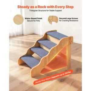 wood pet stairs, 4 step dog stairs for high beds, sofa & cars, 150lbs load capacity, non slip surface, stable cat & dog step ladder for small medium large older pet puppy essentials