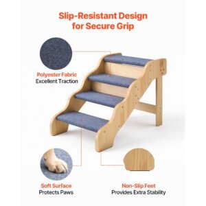 wood pet stairs, 4 step dog stairs for high beds, sofa & cars, 150lbs load capacity, non slip surface, stable cat & dog step ladder for small medium large older pet puppy essentials