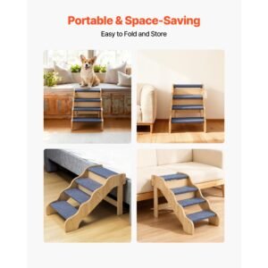 wood pet stairs, 4 step dog stairs for high beds, sofa & cars, 150lbs load capacity, non slip surface, stable cat & dog step ladder for small medium large older pet puppy essentials