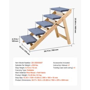 wood pet stairs, 5 step dog stairs for beds, sofa & cars, 150lbs load capacity, floded flat design, stable & sturdy cat & dog step ladder for small medium large older pet puppy essentials