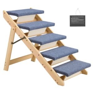 wood pet stairs, 5 step dog stairs for beds, sofa & cars, 150lbs load capacity, floded flat design, stable & sturdy cat & dog step ladder for small medium large older pet puppy essentials