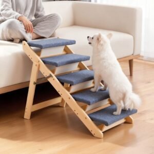 wood pet stairs, 5 step dog stairs for beds, sofa & cars, 150lbs load capacity, floded flat design, stable & sturdy cat & dog step ladder for small medium large older pet puppy essentials