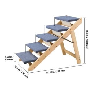 wood pet stairs, 5 step dog stairs for beds, sofa & cars, 150lbs load capacity, floded flat design, stable & sturdy cat & dog step ladder for small medium large older pet puppy essentials