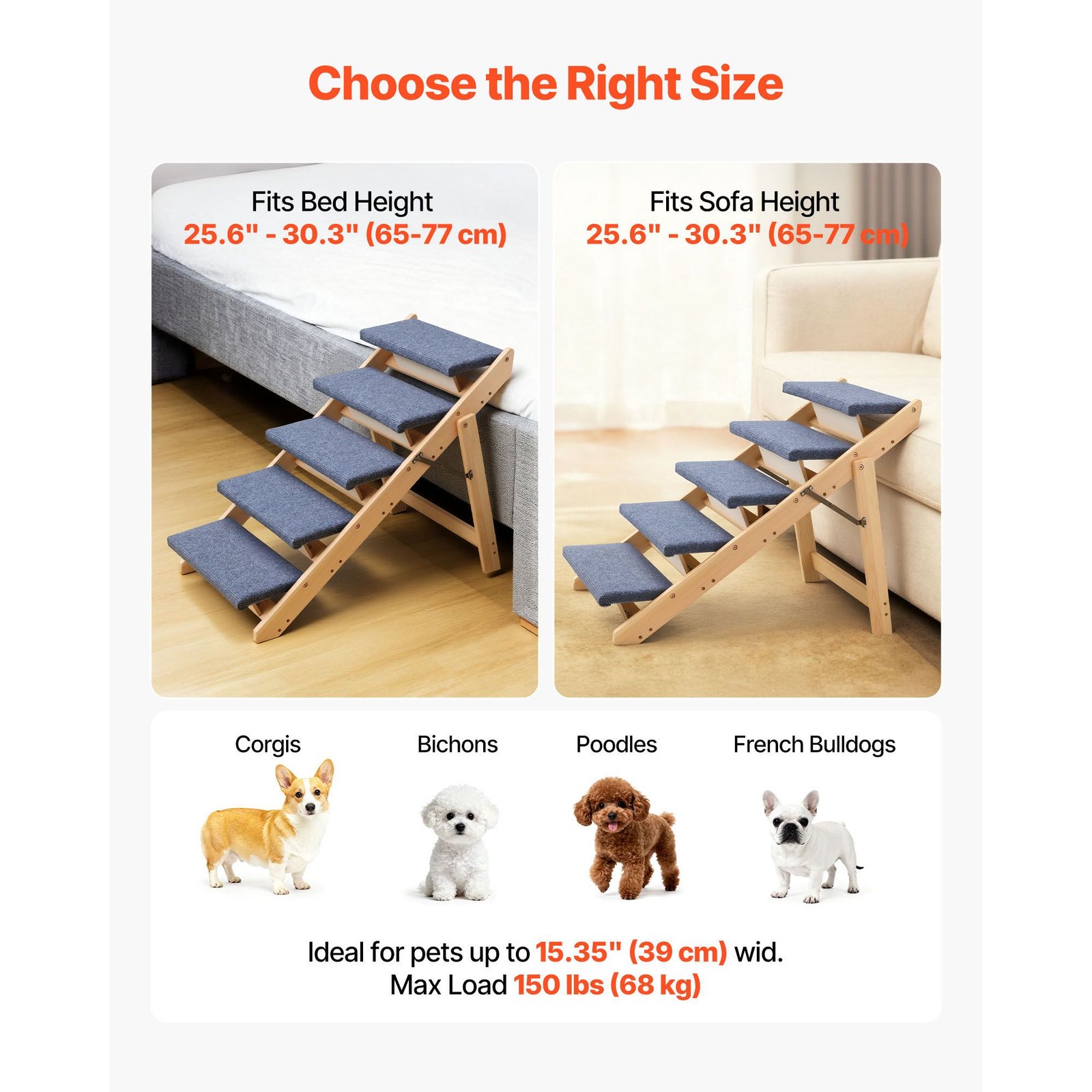 wood pet stairs, 5 step dog stairs for beds, sofa & cars, 150lbs load capacity, floded flat design, stable & sturdy cat & dog step ladder for small medium large older pet puppy essentials