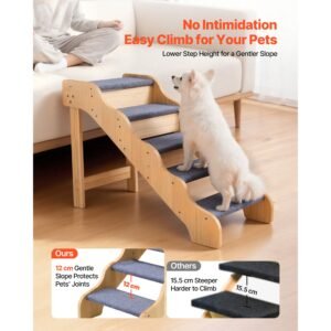 wood pet stairs, 5 step dog stairs for high beds, sofa & cars, 150lbs load capacity, non slip surface, stable cat & dog step ladder for small medium large older pet puppy essentials