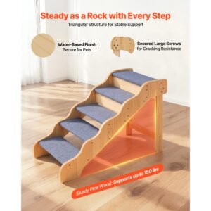wood pet stairs, 5 step dog stairs for high beds, sofa & cars, 150lbs load capacity, non slip surface, stable cat & dog step ladder for small medium large older pet puppy essentials