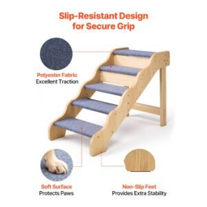 wood pet stairs, 5 step dog stairs for high beds, sofa & cars, 150lbs load capacity, non slip surface, stable cat & dog step ladder for small medium large older pet puppy essentials