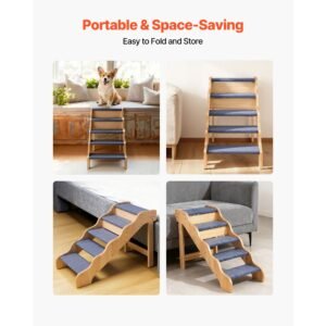 wood pet stairs, 5 step dog stairs for high beds, sofa & cars, 150lbs load capacity, non slip surface, stable cat & dog step ladder for small medium large older pet puppy essentials