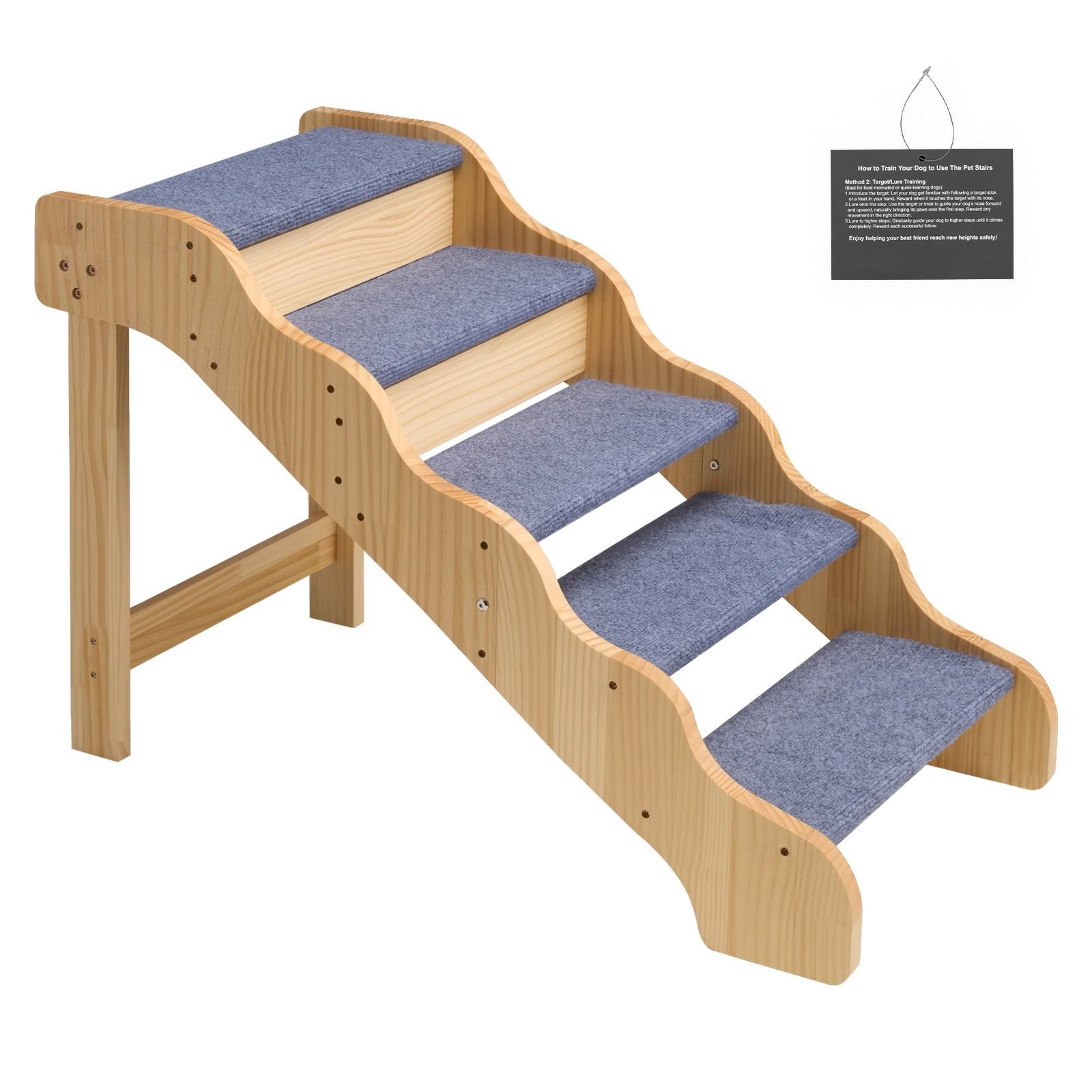 wood pet stairs, 5 step dog stairs for high beds, sofa & cars, 150lbs load capacity, non slip surface, stable cat & dog step ladder for small medium large older pet puppy essentials