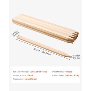 wooden garden stakes, 25 pcs 36 x 0.5 x1.5 in survey grading stakes, garden ground stake with sharp point, fir wood plant support stake, sign posts for silt fence backyard boundaries baselines