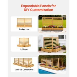 wooden privacy fence, 36 x 45 inch air conditioner fence, 2 slatted panel solid outdoor wood privacy screen with 2 planters, metal stakes, trash can hider fences suitable for garden, pool